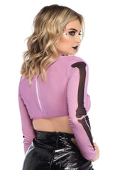 Skeleton High Neck Long Sleeve Mesh Crop Top