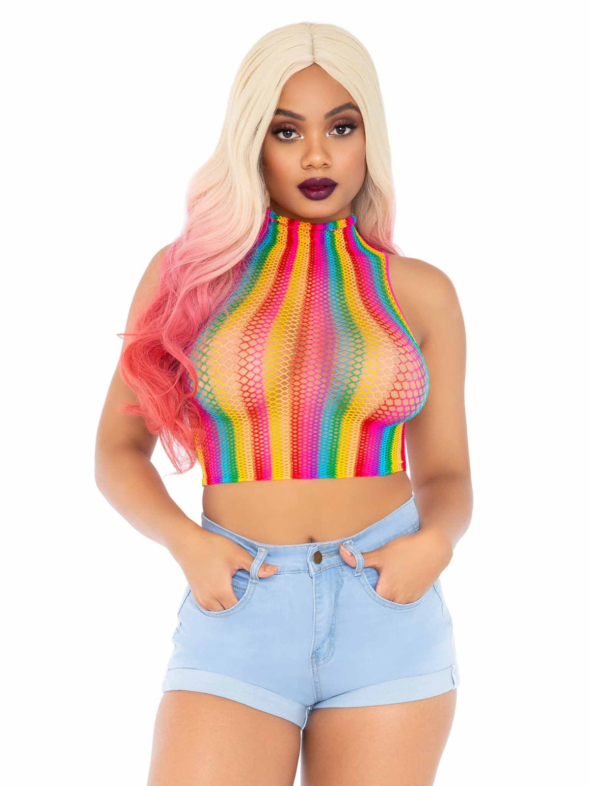 High Voltage Rainbow Fishnet Crop Top